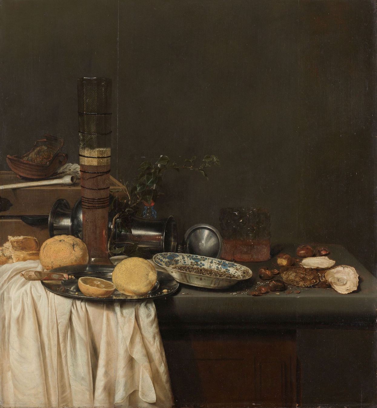 Still Life with Beer Glass, Porcelain Dish, and Pepper