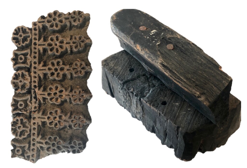 two views of a wooden textile block from India