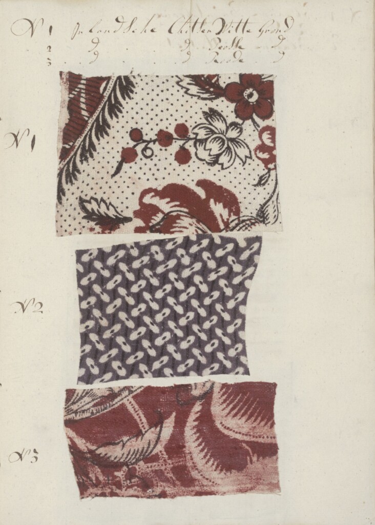 Native chintzes with white, purple, and red grounds