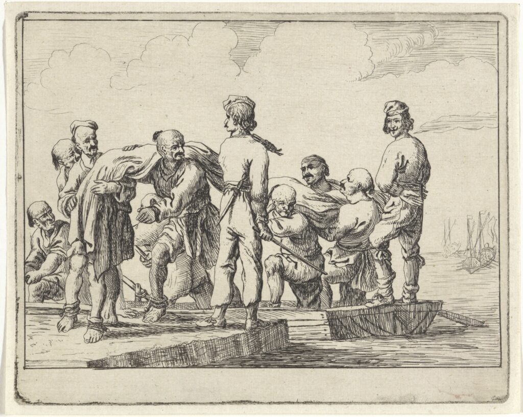 Muslim galley slaves carrying a sail
