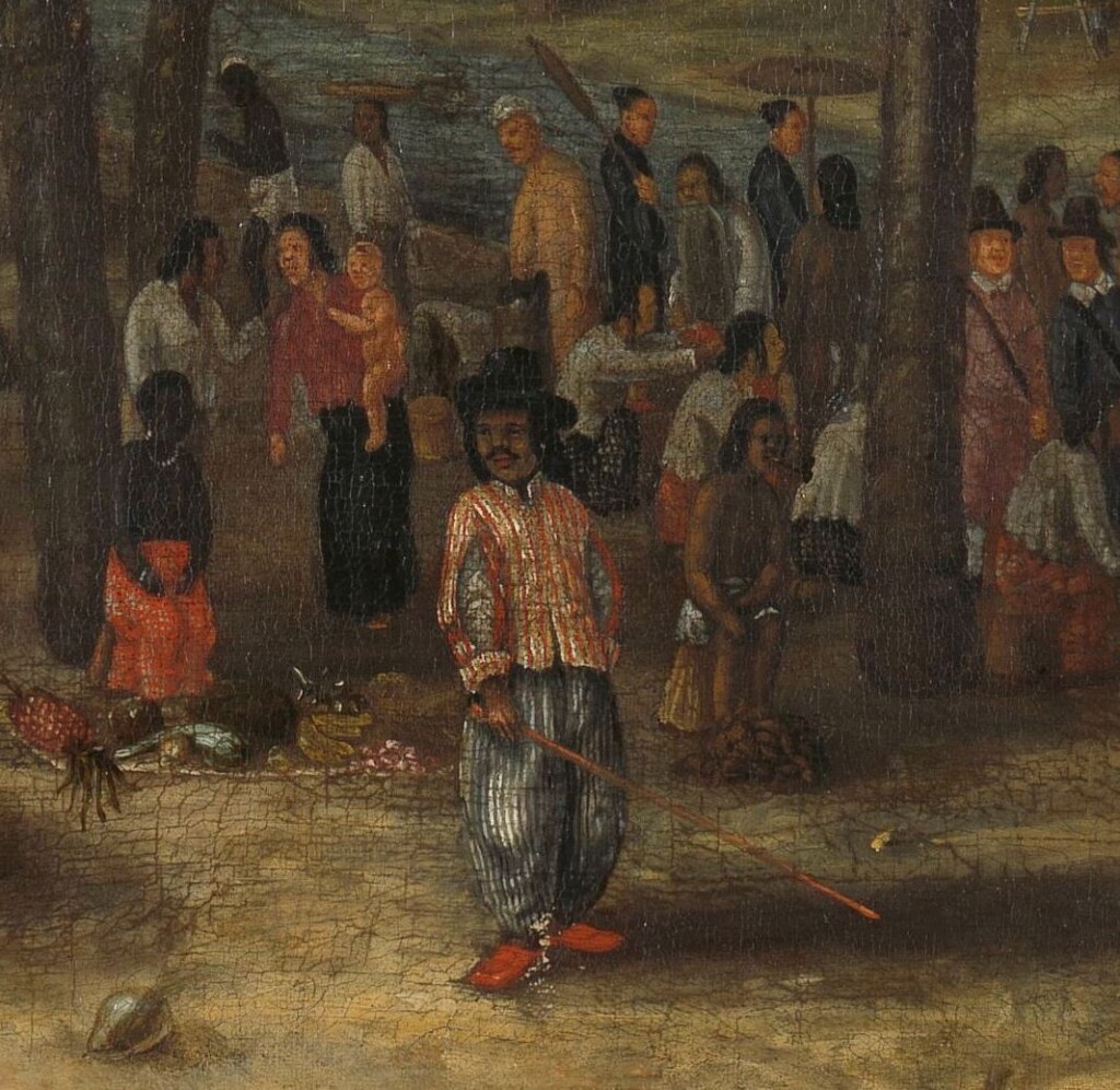 Detail of Mardijker from Andries Beeckman, The Castle of Batavia, c. 1662, oil on canvas, 108 x 151.4 cm. Rijksmuseum, Amsterdam, inv. no. SK-A-19 (artwork in the public domain)