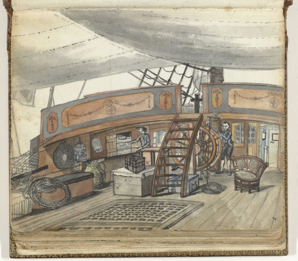 View of the deck of an Oost-Indiëvaarder with sailor at the helm