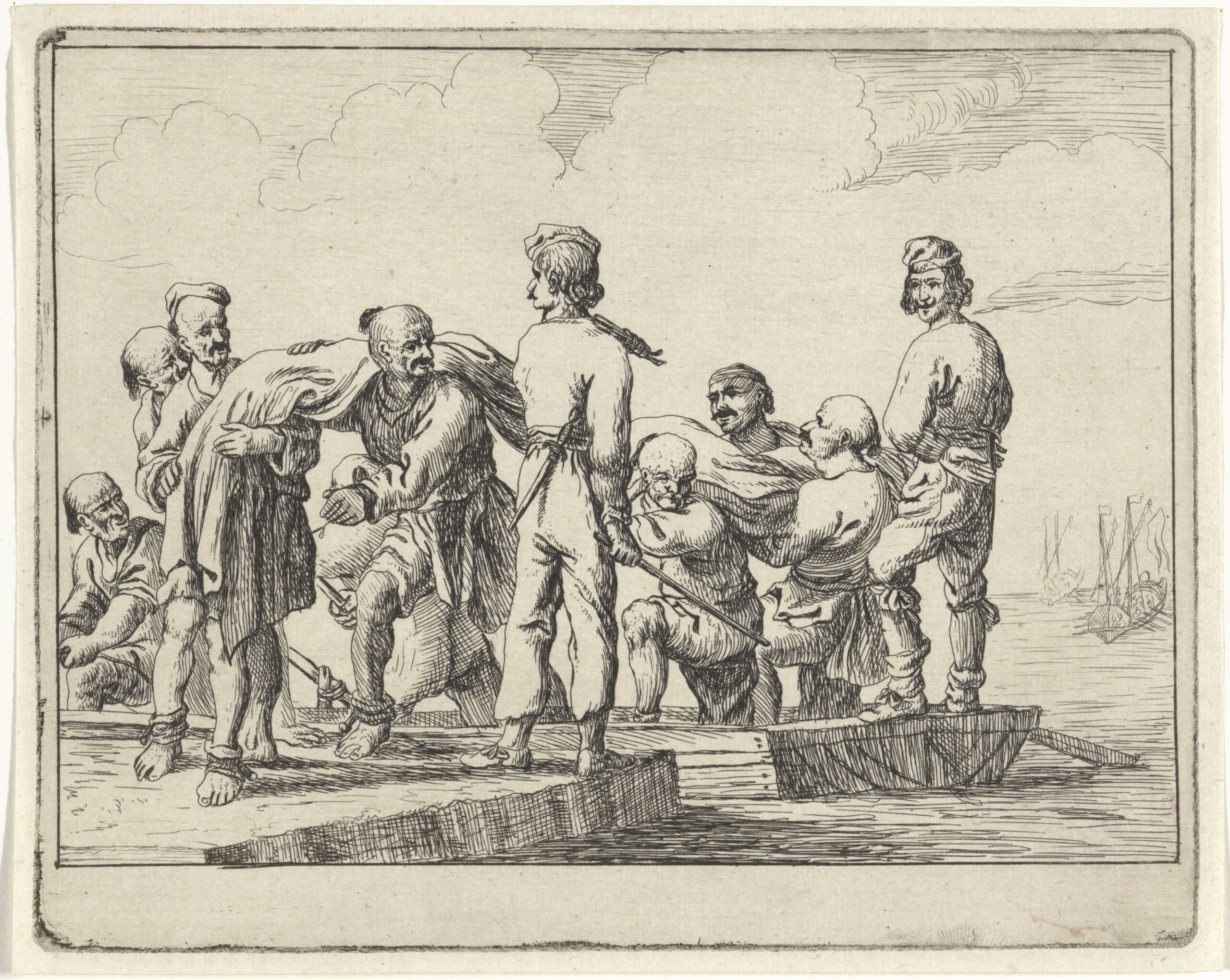Muslim galley slaves carrying a sail