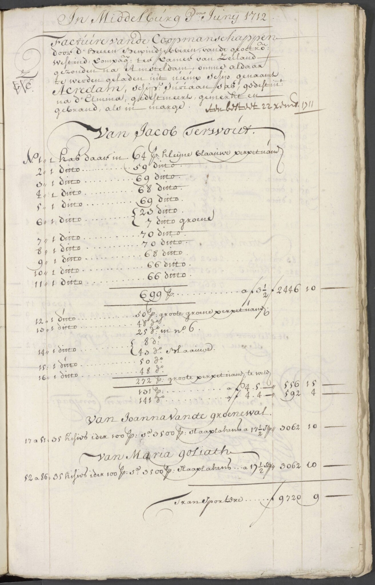 Invoice for the WIC ship Acredam, 1 June 1712, Nationaal Archief, West India Company Archive, nr. 1293